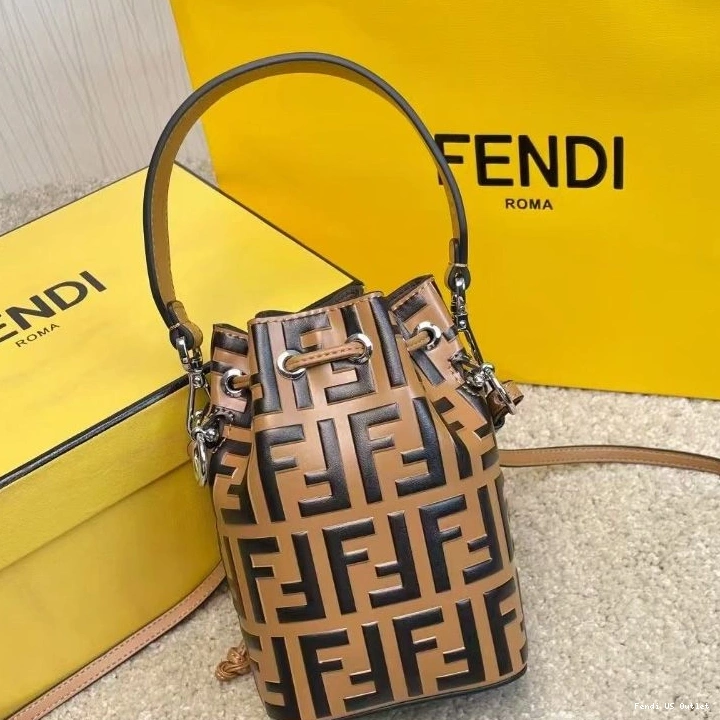 Affordable HOT Bag Motif Bucket FF Leather In Fendi Mon Tresor Mini Khaki Calf 0813